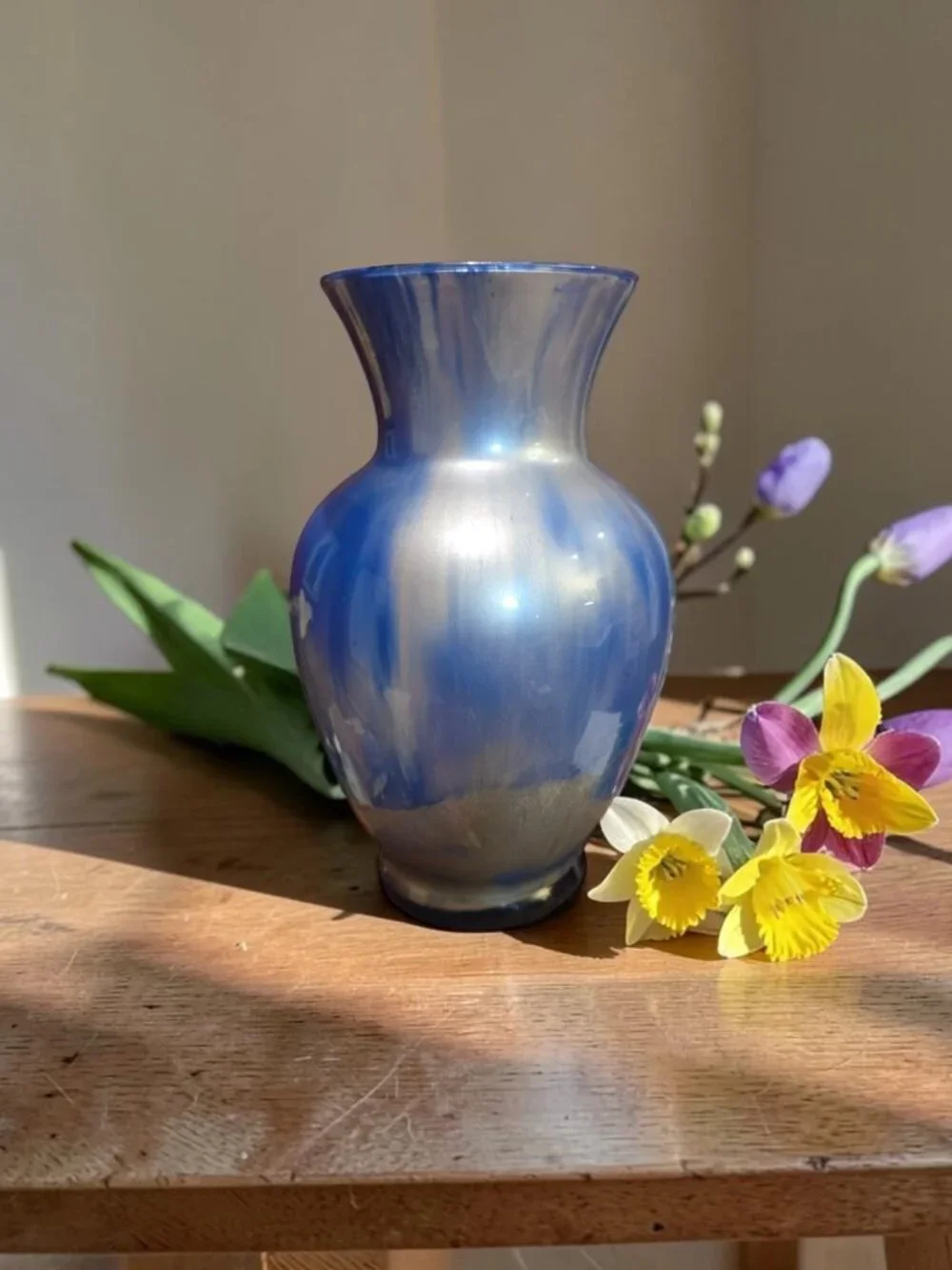 Fluid Art Acrylic Pour Glass Vase • Blue and Silver • Abstract Home Decor • OOAK